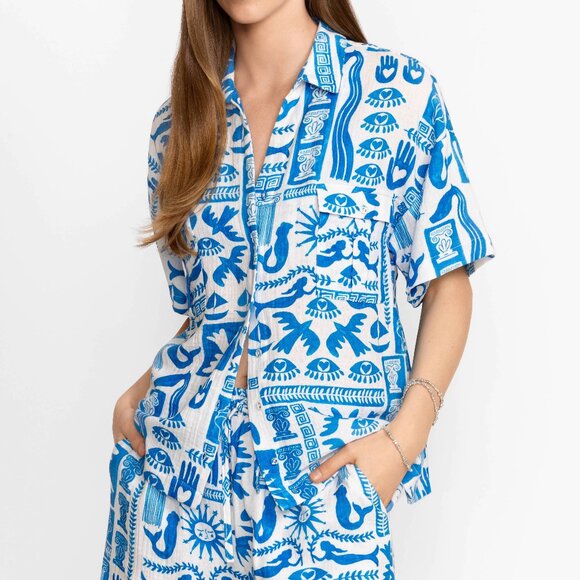 NWT Johnny Was Acantha Easy Set Camp Shirt Calliope Blue Greek Mermaid XS - Picture 1 of 10